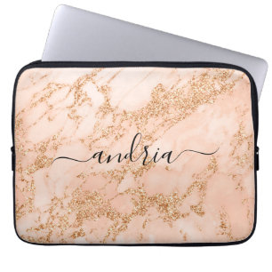 Roos Goud Glitter Marmer, Zwart Script Naam Laptop Sleeve