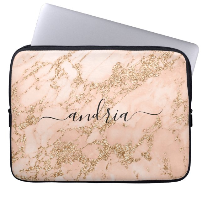 Roos Goud Glitter Marmer, Zwart Script Naam Laptop Sleeve (Voorkant)