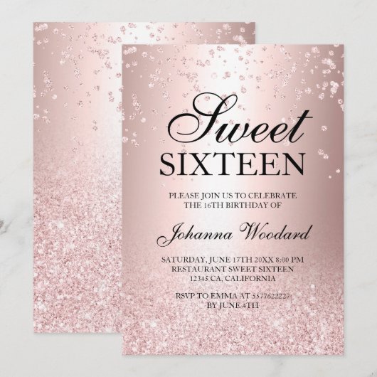 roos goud glitter metallic confetti Sweet 16 Kaart (Voorkant / Achterkant)