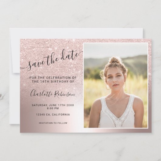 Roos goud glitter metallic ombre 3 foto's Sweet 16 Save The Date (Voorkant)