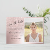 Roos goud glitter metallic ombre 3 foto's Sweet 16 Save The Date (Staand voorkant)
