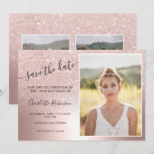 Roos goud glitter metallic ombre 3 foto's Sweet 16 Save The Date (Voorkant / Achterkant)