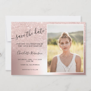 Roos goud glitter metallic ombre 3 foto's Sweet 16 Save The Date
