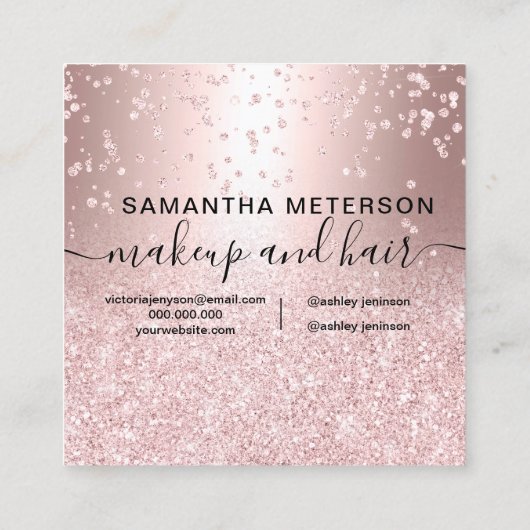 roos goud glitter metallic sparkle confetti hallo vierkante visitekaartje (Achterkant)