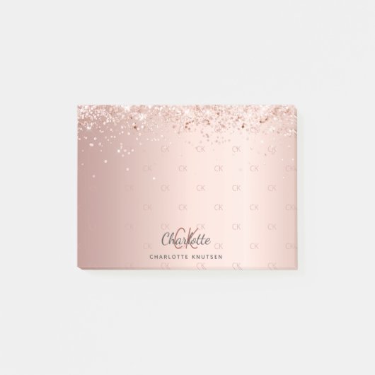 Roos goud glitter monogram initiaal post-it® notes (Voorkant)