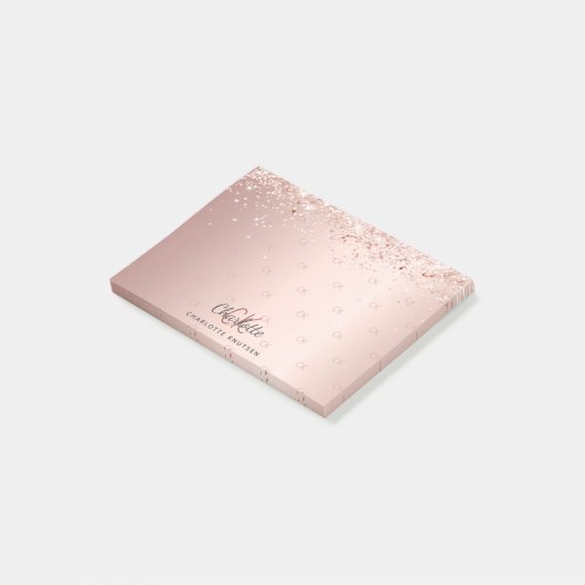 Roos goud glitter monogram initiaal post-it® notes (Schuin)