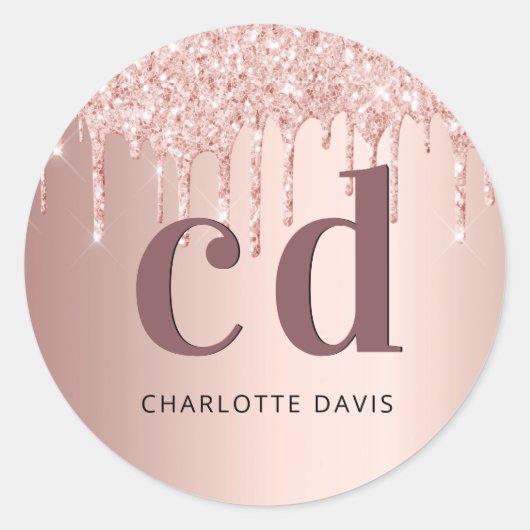 Roos goud glitter monogram initiaal ronde sticker (Voorkant)