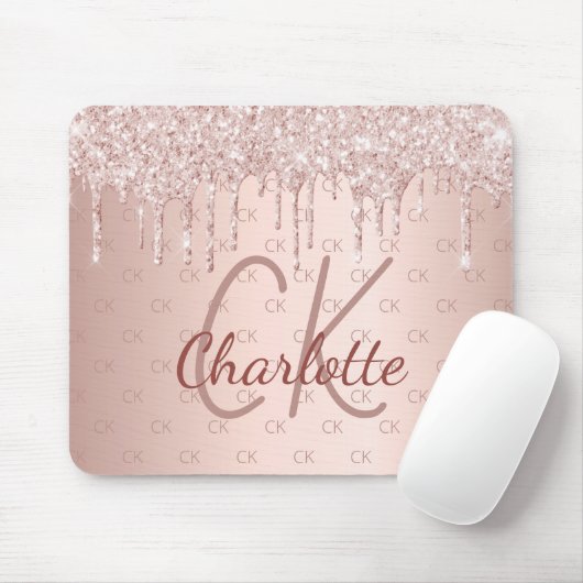 Roos goud glitter monogram initiaal wazig roze muismat (Met muis)