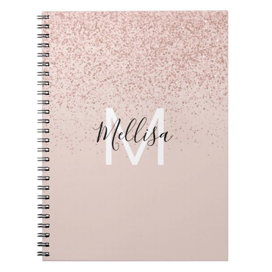 Roos Goud Glitter Monogram Naam Notitieboek (Voorkant)