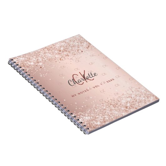 Roos goud glitter monogram stofmonogram notitieboek (Rechterzijde)