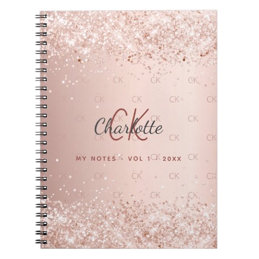 Roos goud glitter monogram stofmonogram notitieboek (Voorkant)