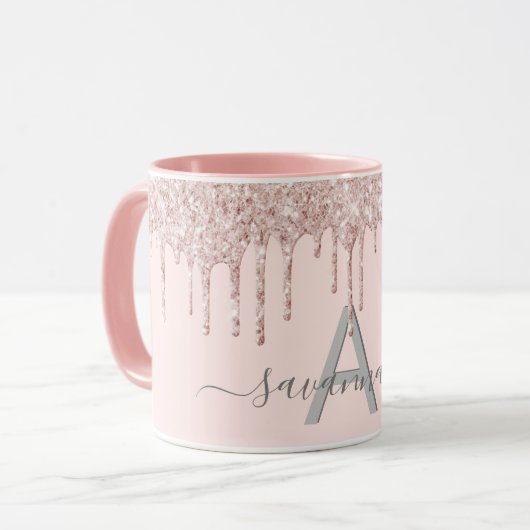 Roos goud glitter monogram zwart elegant mok (Voorkant links)