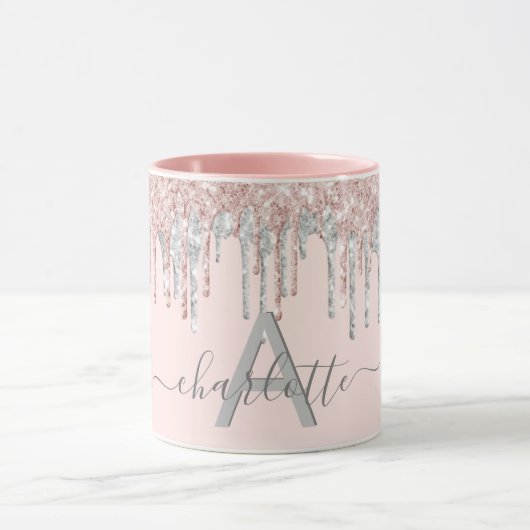 Roos goud glitter monogram zwart roze zilver grijs mok (Midden)