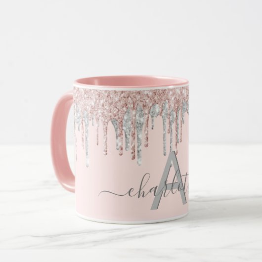 Roos goud glitter monogram zwart roze zilver grijs mok (Voorkant links)