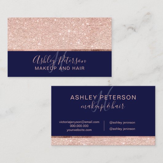 Roos goud glitter navy blue hair makeup monogram visitekaartje (Voorkant / Achterkant)