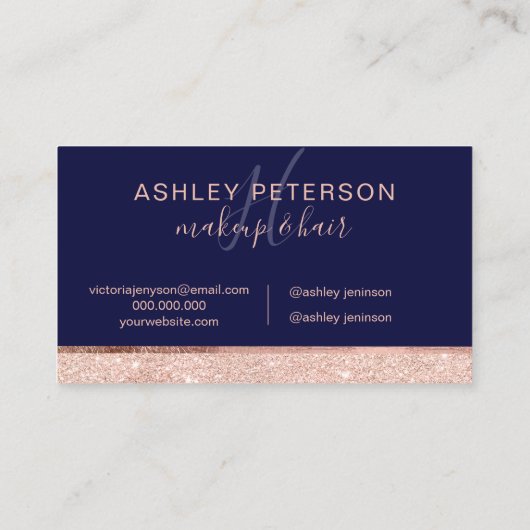 Roos goud glitter navy blue hair makeup monogram visitekaartje (Achterkant)