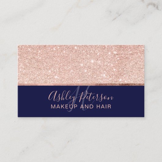 Roos goud glitter navy blue hair makeup monogram visitekaartje (Voorkant)