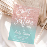 Roos goud glitter ombre blauwgroen typografie Swee Kaart<br><div class="desc">Een modern, faux roos goudglitter douchecombre met robbin egg blue turkooise color block Sweet 16 script typografie verjaardagsuitnodiging met roos goudbolvormig patroon vervaagd op een blauwe achtergrond. Perfect voor een prinses Sweet-zestien, perfect voor haar, de fashionista die van modern patroon en glam houdt. Neem contact met me op als je...</div>