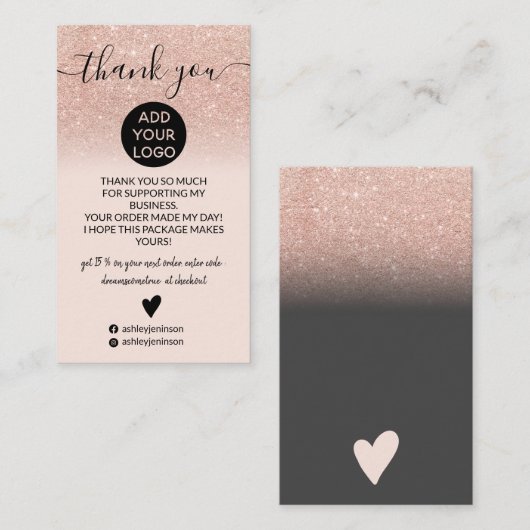 Roos goud glitter ombre blush order bedankt visitekaartje (Voorkant / Achterkant)
