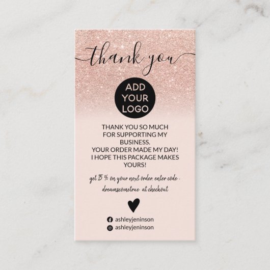 Roos goud glitter ombre blush order bedankt visitekaartje (Voorkant)