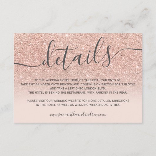 Roos goud glitter ombre blush script details informatiekaartje (Voorkant)