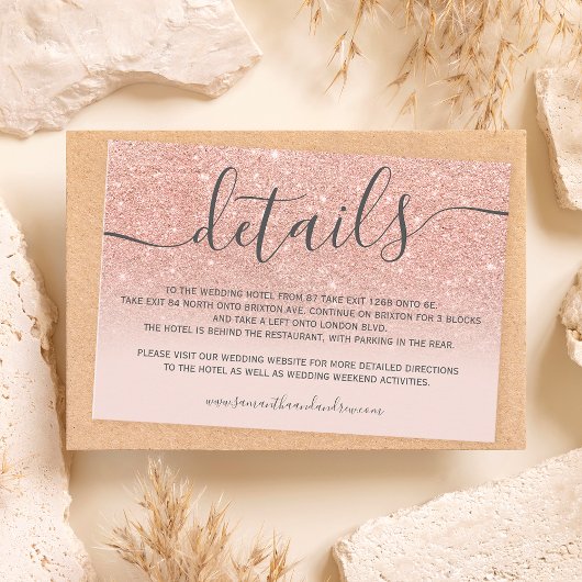 Roos goud glitter ombre blush script details informatiekaartje