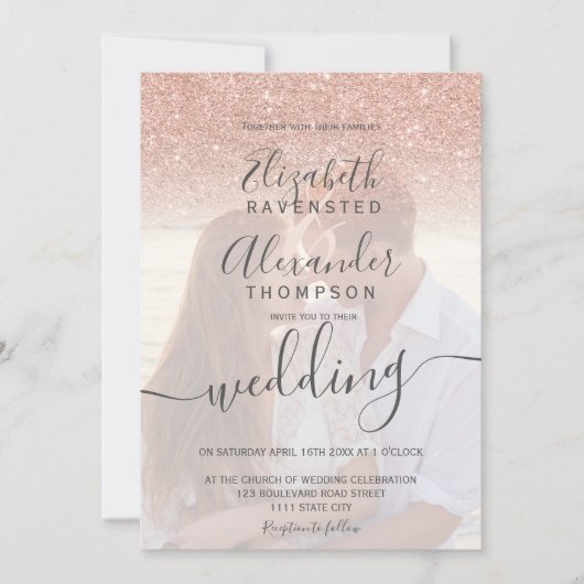 Roos goud glitter ombre blush script foto bruiloft kaart (Voorkant)