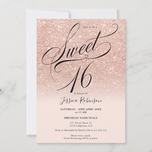 Roos goud glitter ombre chic script roze Sweet 16 Kaart (Voorkant)