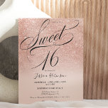 Roos goud glitter ombre chic script roze Sweet 16 Kaart<br><div class="desc">Roos gouden glitter ombre sparkles girly Sweet 16 verjaardagsfeestje ,  met een elegante scriptkalligrafie borstel . Voeg uw foto toe</div>