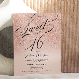 Roos goud glitter ombre chic script roze Sweet 16 Kaart