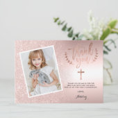 Roos goud glitter ombre folie eerste communiqué fo bedankkaart (Staand voorkant)