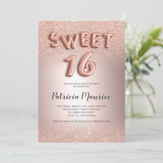 Roos goud glitter ombre letters metallisch zoet 16 kaart (Staand voorkant)