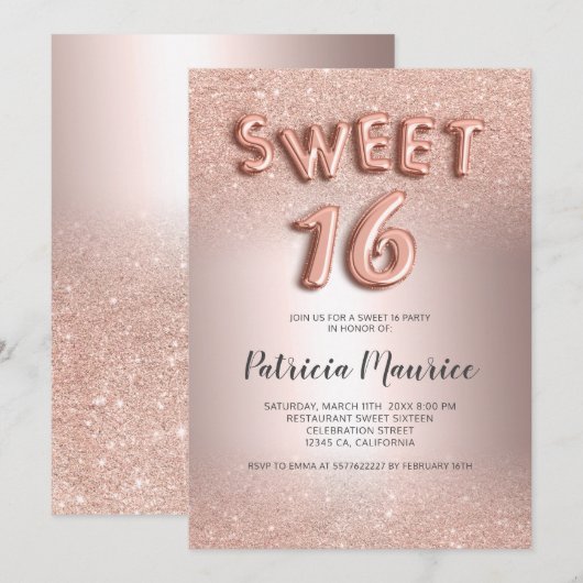 Roos goud glitter ombre letters metallisch zoet 16 kaart (Voorkant / Achterkant)