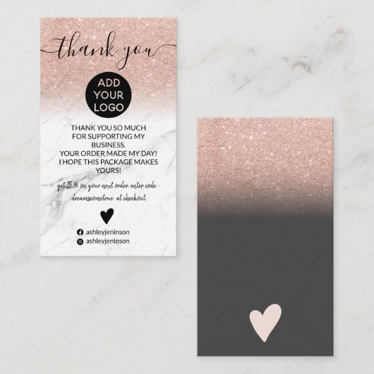 Roos Goud Glitter Ombre Marmer Bestel Dank u Visitekaartje (Voorkant / Achterkant)