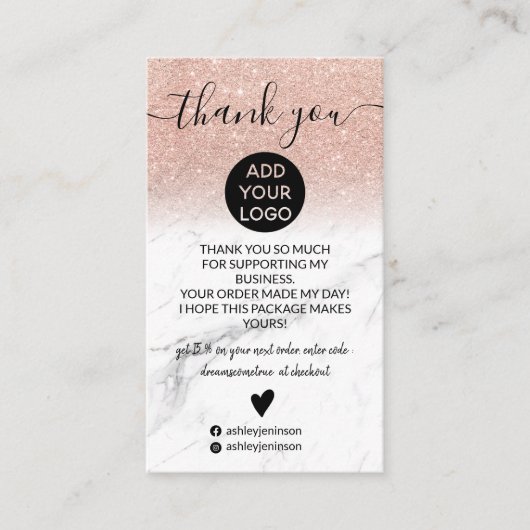 Roos Goud Glitter Ombre Marmer Bestel Dank u Visitekaartje (Voorkant)
