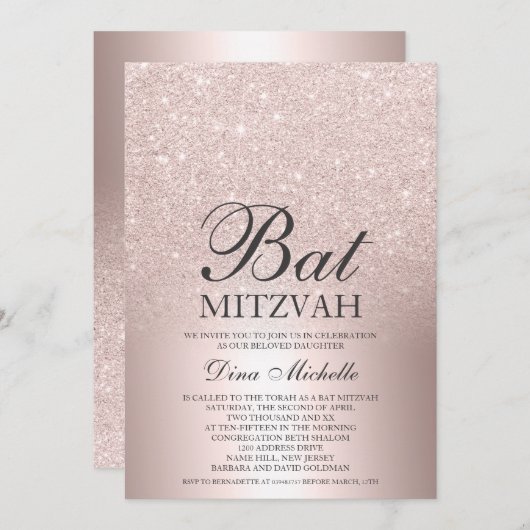 Roos goud glitter ombre metallic chic Bat Mitzvah Kaart (Voorkant / Achterkant)