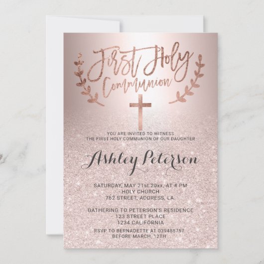 Roos goud glitter ombre metallic first communie kaart (Voorkant)