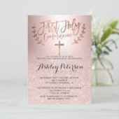 Roos goud glitter ombre metallic first communie kaart (Staand voorkant)