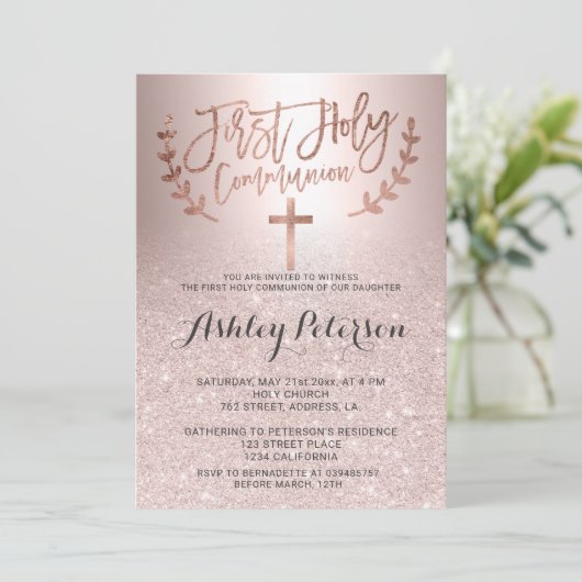 Roos goud glitter ombre metallic first communie kaart (Staand voorkant)