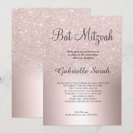 Roos goud glitter ombre metallic folie Bat Mitzvah Kaart (Voorkant / Achterkant)