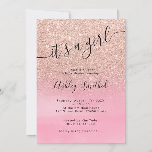 Roos goud glitter ombre roze script baby shower kaart (Voorkant)