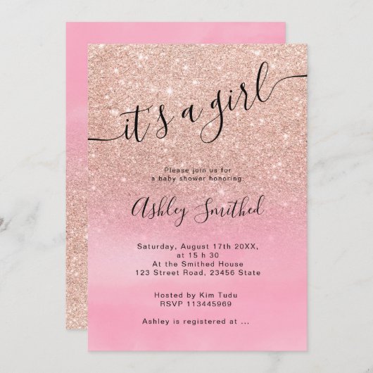 Roos goud glitter ombre roze script baby shower kaart (Voorkant / Achterkant)