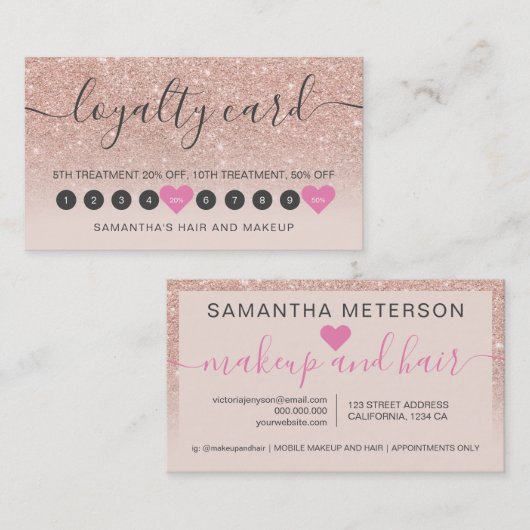 Roos Goud Glitter Ombre Script Make-up Blush 10 Klantenkaartje (Voorkant / Achterkant)