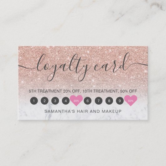 Roos Goud Glitter Ombre Script Make-up Marmer 10 L Klantenkaartje (Voorkant)