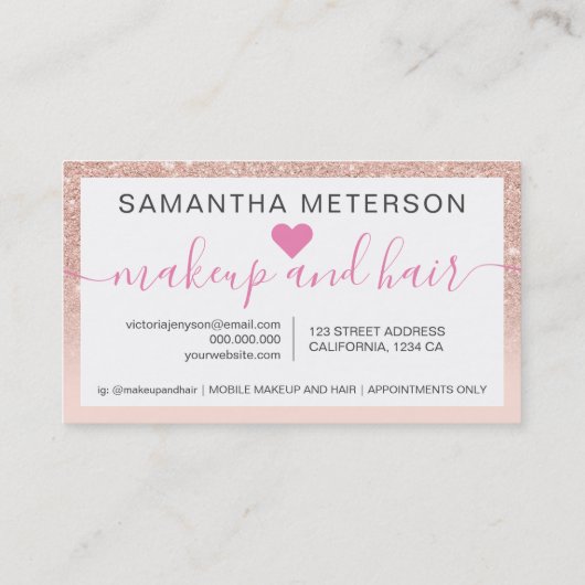 Roos goud glitter ombre script make-up roze 10 klantenkaartje (Achterkant)