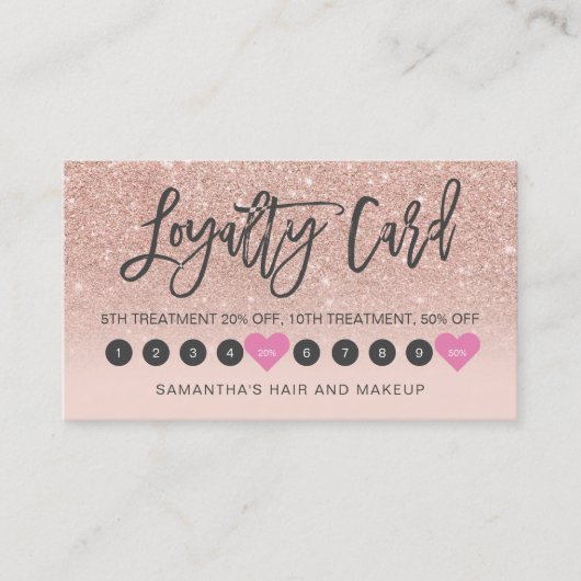 Roos goud glitter ombre script make-up roze 10 klantenkaartje (Voorkant)