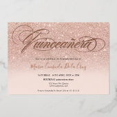Roos goud glitter ombre script roze quinceañera folie uitnodiging (Voorkant)