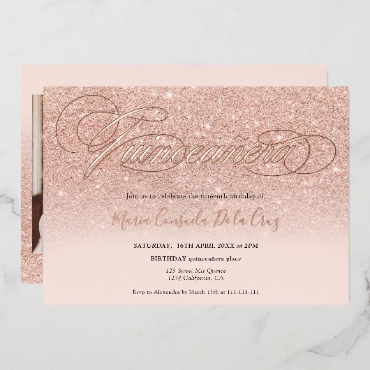 Roos goud glitter ombre script roze quinceañera folie uitnodiging (Voorkant / Achterkant)