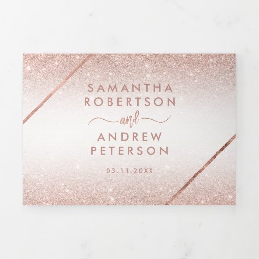 Roos Goud Glitter Ombre Typografie Witte bruiloft Drieluik Uitnodiging (Cover)