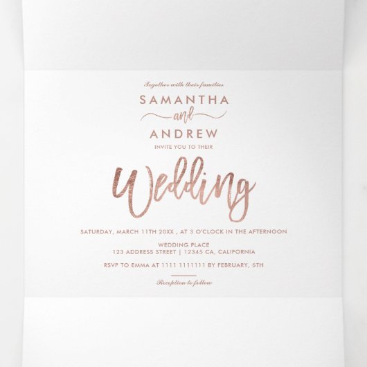 Roos Goud Glitter Ombre Typografie Witte bruiloft Drieluik Uitnodiging (Binnenkant midden)